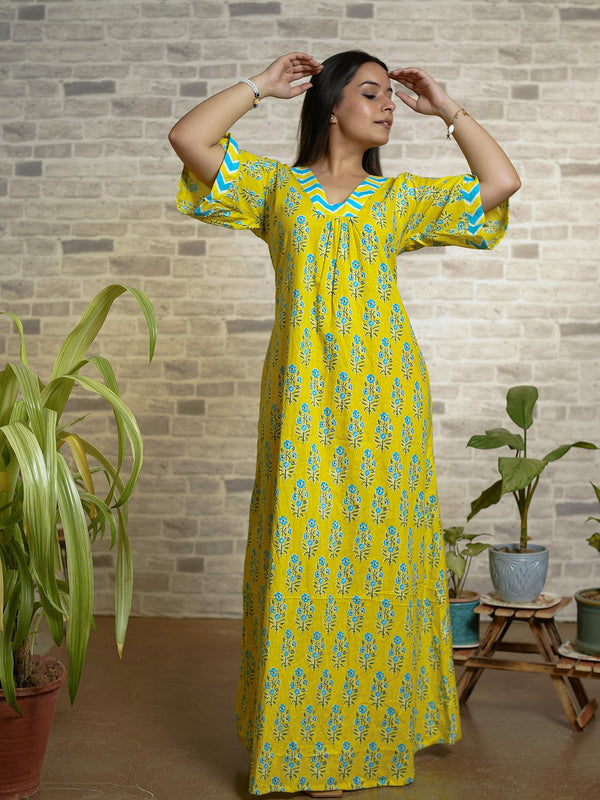 Yellow Floral Print Cotton Nighty with Flared Sleeves