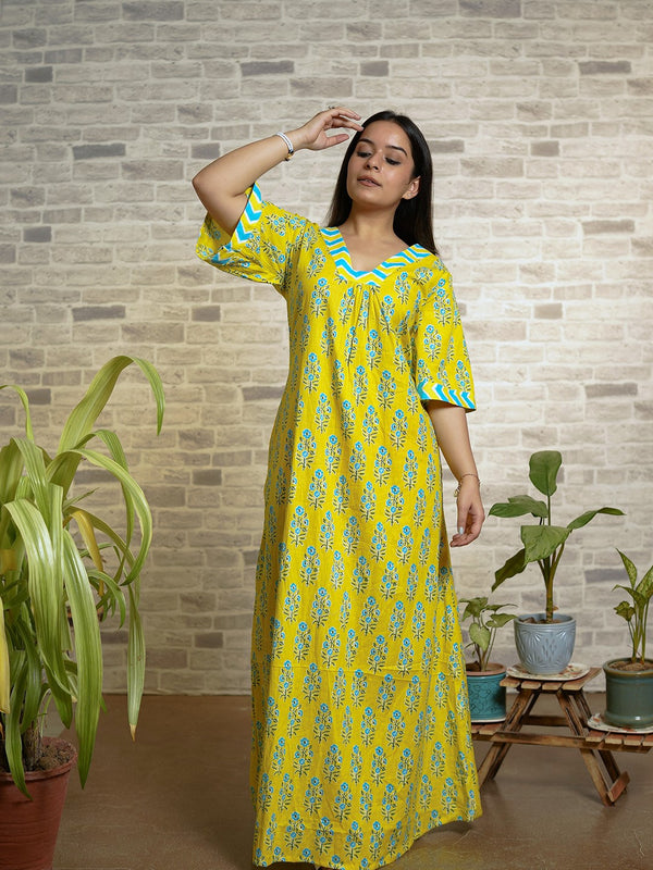 Yellow Floral Print Cotton Nighty with Flared Sleeves