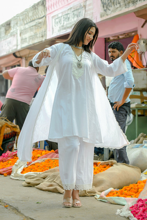 Ketaki - White Soft Cotton Kurta Coord Set With Overlay Shrug