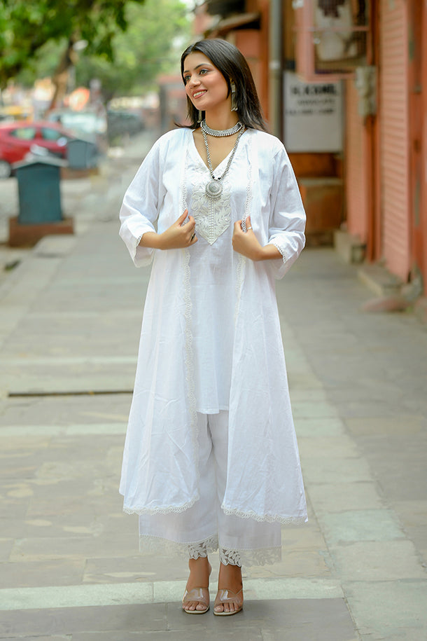 Ketaki - White Soft Cotton Kurta Coord Set With Overlay Shrug