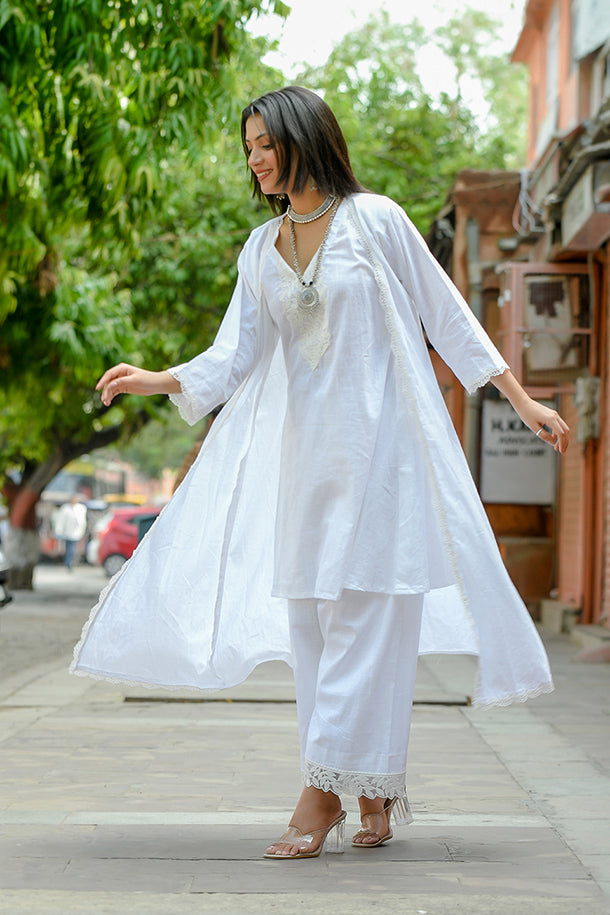 Ketaki - White Soft Cotton Kurta Coord Set With Overlay Shrug