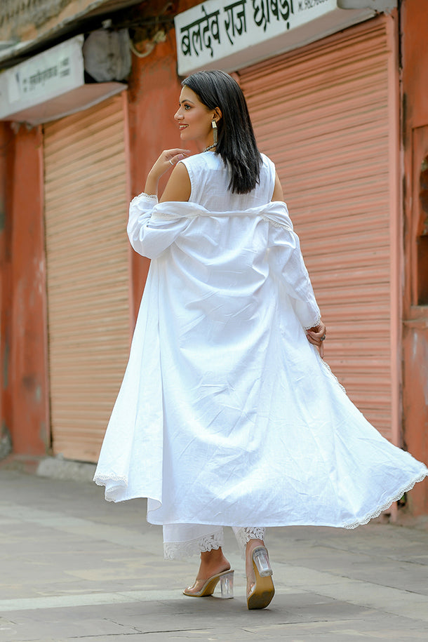 Ketaki - White Soft Cotton Kurta Coord Set With Overlay Shrug