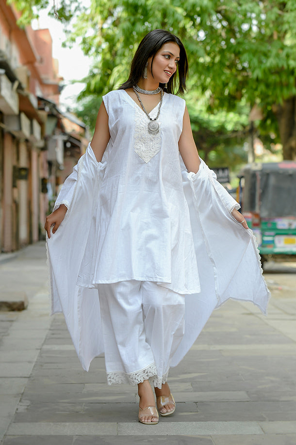 Ketaki - White Soft Cotton Kurta Coord Set With Overlay Shrug