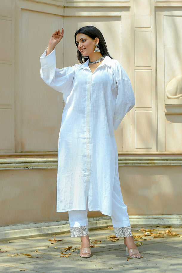 Kamini - White Cotton Kurta Coord Set