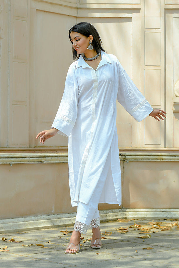 Kamini - White Cotton Kurta Coord Set