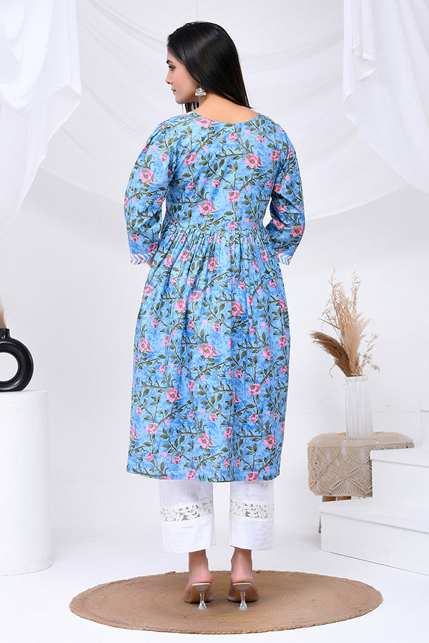 Blue Floral Print Cotton Kurta