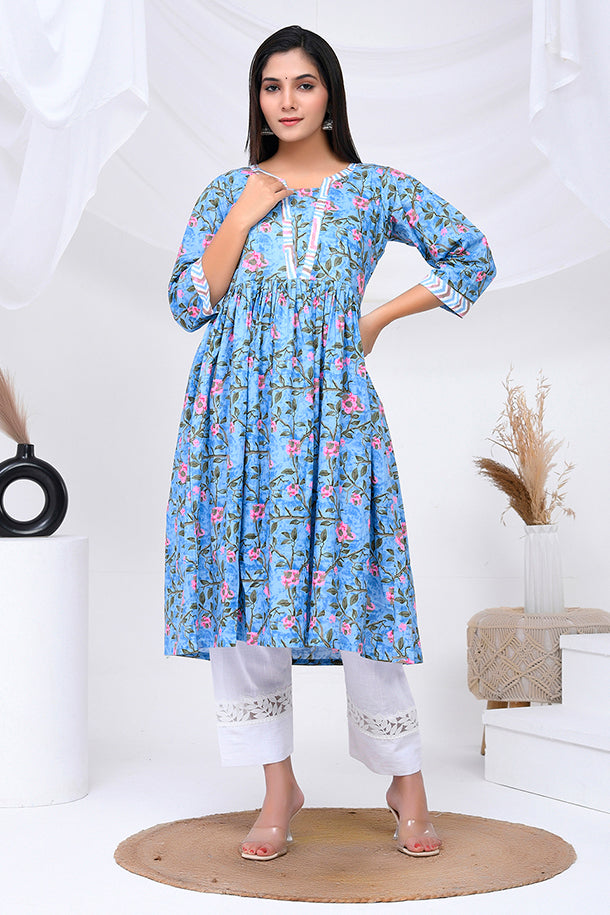 Blue Floral Print Cotton Kurta