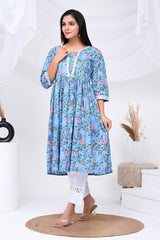 Blue Floral Print Cotton Kurta