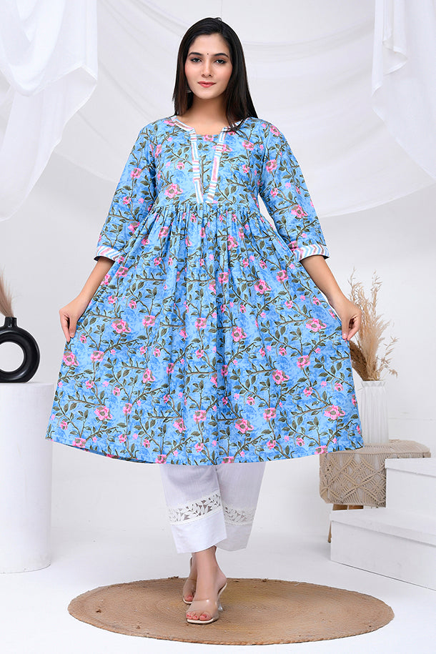 Blue Floral Print Cotton Kurta