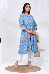 Blue Floral Print Cotton Kurta