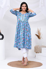 Blue Floral Print Cotton Kurta