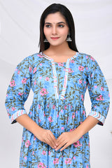 Blue Floral Print Cotton Kurta