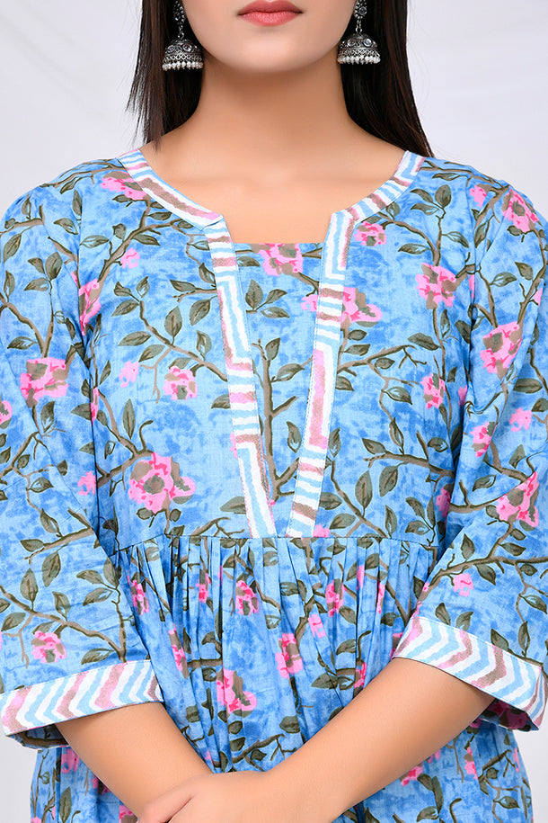 Blue Floral Print Cotton Kurta