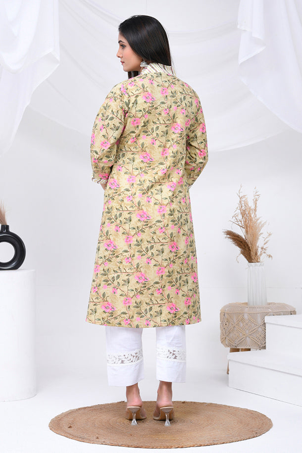 Beige Pink Rose Print Cotton Kurta