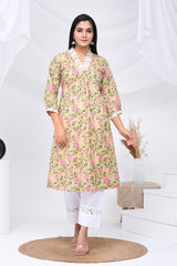 Beige Pink Rose Print Cotton Kurta