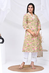 Beige Pink Rose Print Cotton Kurta