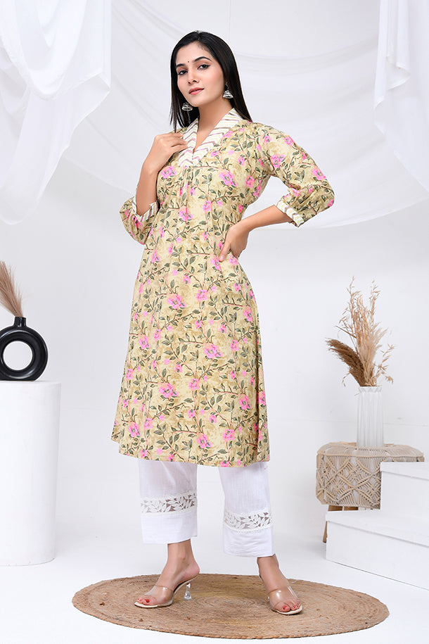 Beige Pink Rose Print Cotton Kurta