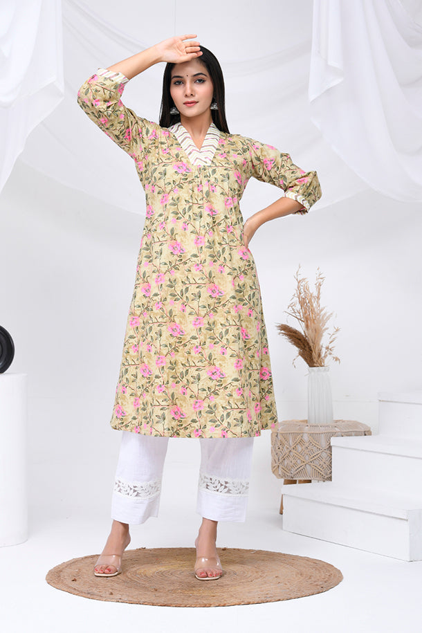 Beige Pink Rose Print Cotton Kurta