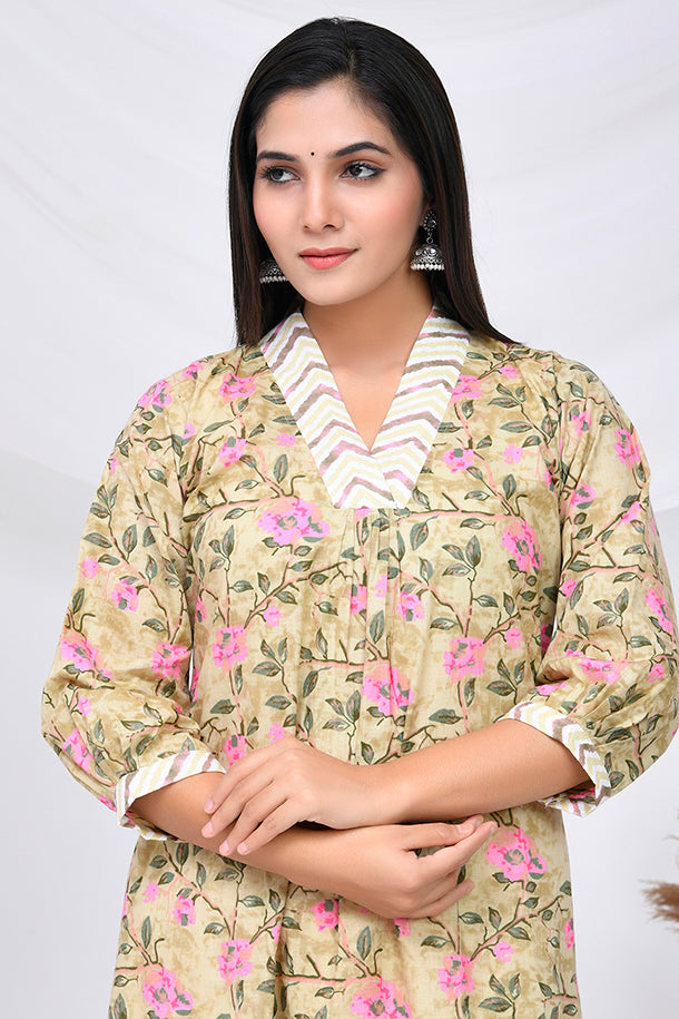 Beige Pink Rose Print Cotton Kurta