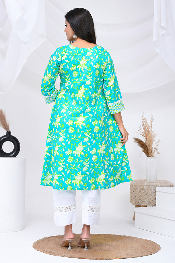 Mint Green Floral Print Cotton Kurta