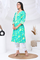 Mint Green Floral Print Cotton Kurta