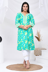 Mint Green Floral Print Cotton Kurta