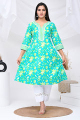 Mint Green Floral Print Cotton Kurta