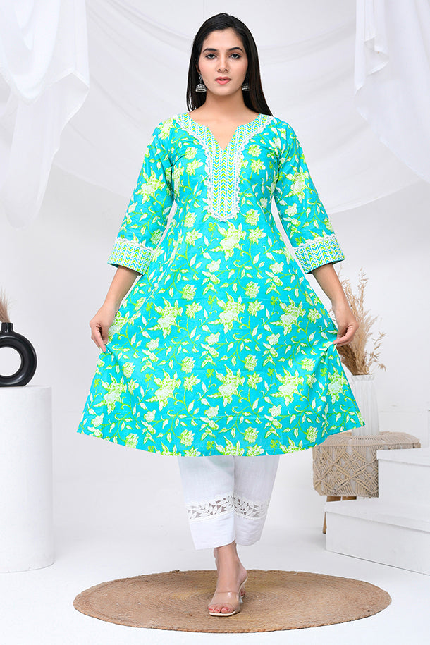 Mint Green Floral Print Cotton Kurta