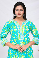 Mint Green Floral Print Cotton Kurta