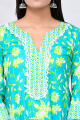 Mint Green Floral Print Cotton Kurta