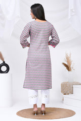 Grey Pink Floral Print Cotton Kurta