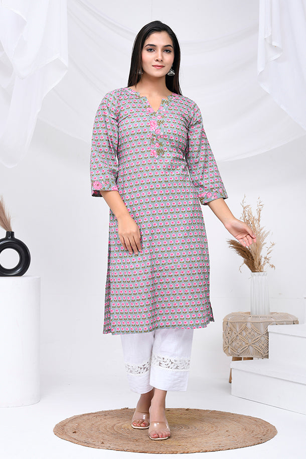 Grey Pink Floral Print Cotton Kurta