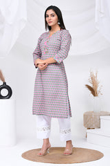 Grey Pink Floral Print Cotton Kurta