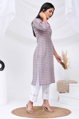 Grey Pink Floral Print Cotton Kurta