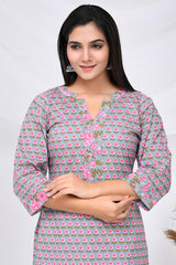 Grey Pink Floral Print Cotton Kurta