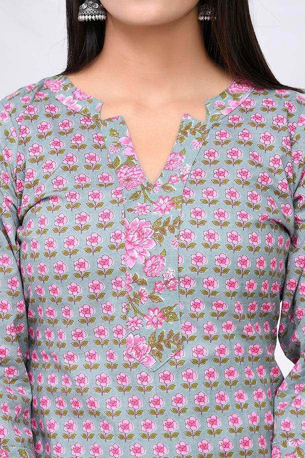 Grey Pink Floral Print Cotton Kurta