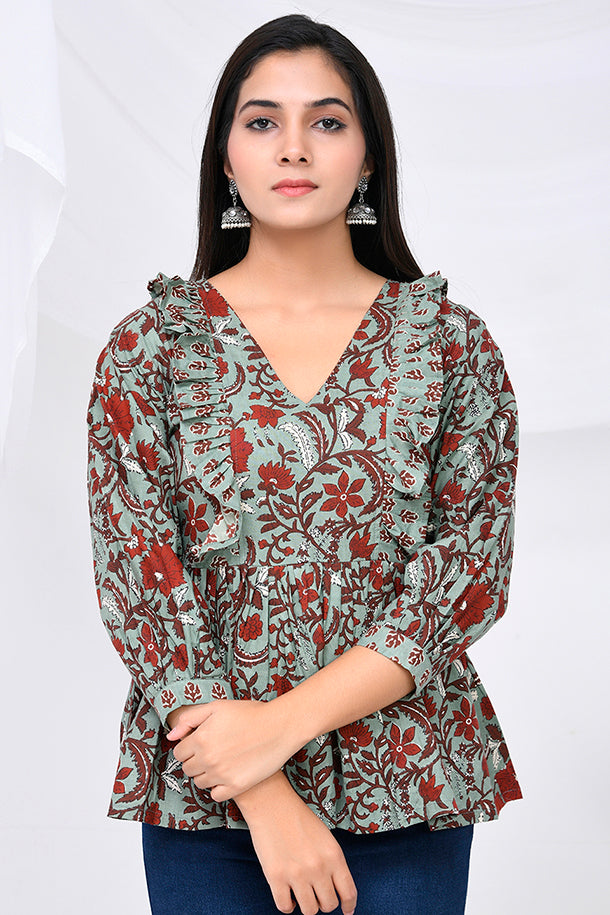 Green Red Floral Print Cotton Top