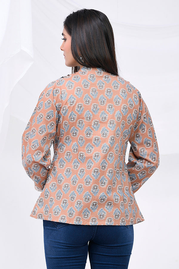 Brown And Grey Vintage Floral Print Cotton Top