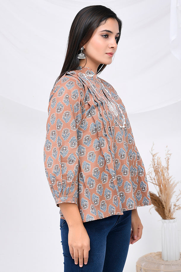 Brown And Grey Vintage Floral Print Cotton Top