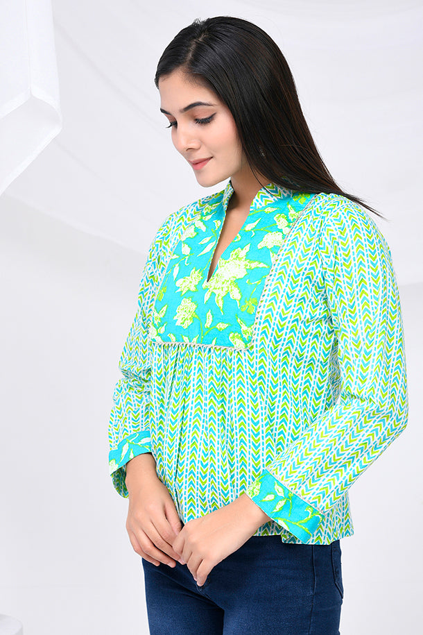 Teal & Neon Green Cotton Top