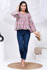 Grey & Pink Blossom Print Cotton Top