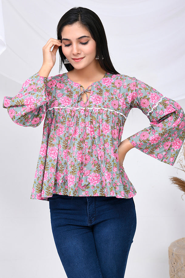 Grey & Pink Blossom Print Cotton Top