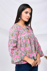 Grey & Pink Blossom Print Cotton Top