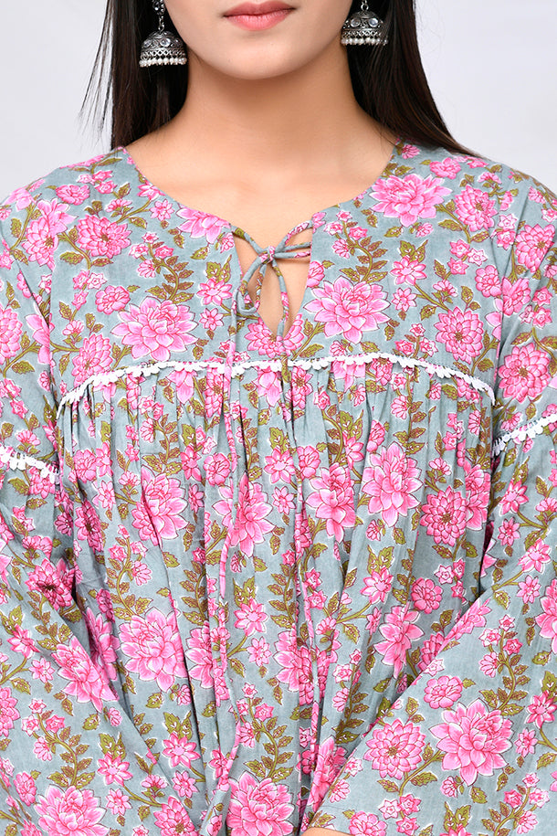 Grey & Pink Blossom Print Cotton Top