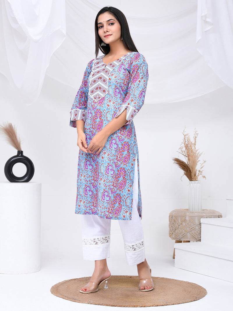 Blue Purple Print Cotton Kurta