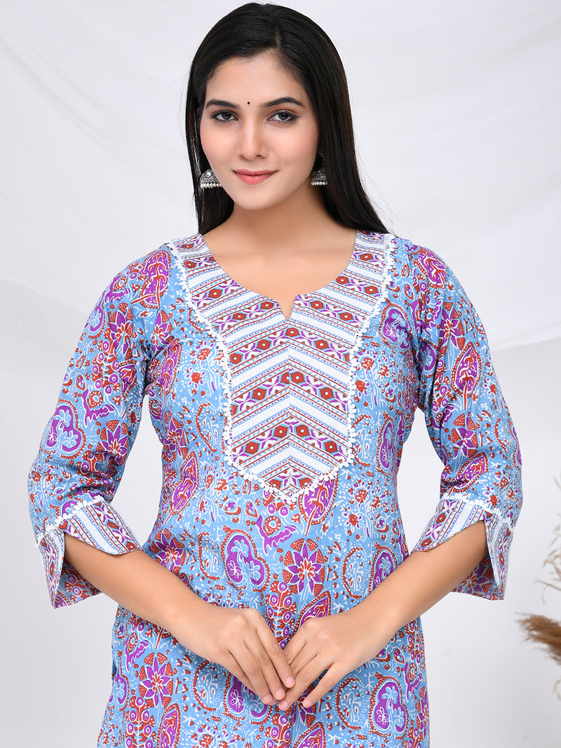 Blue Purple Print Cotton Kurta