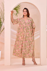 Green Pink Floral Print  Kafty Lounge Dress