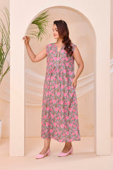 Pink Green Floral Print  Kafty Lounge Dress