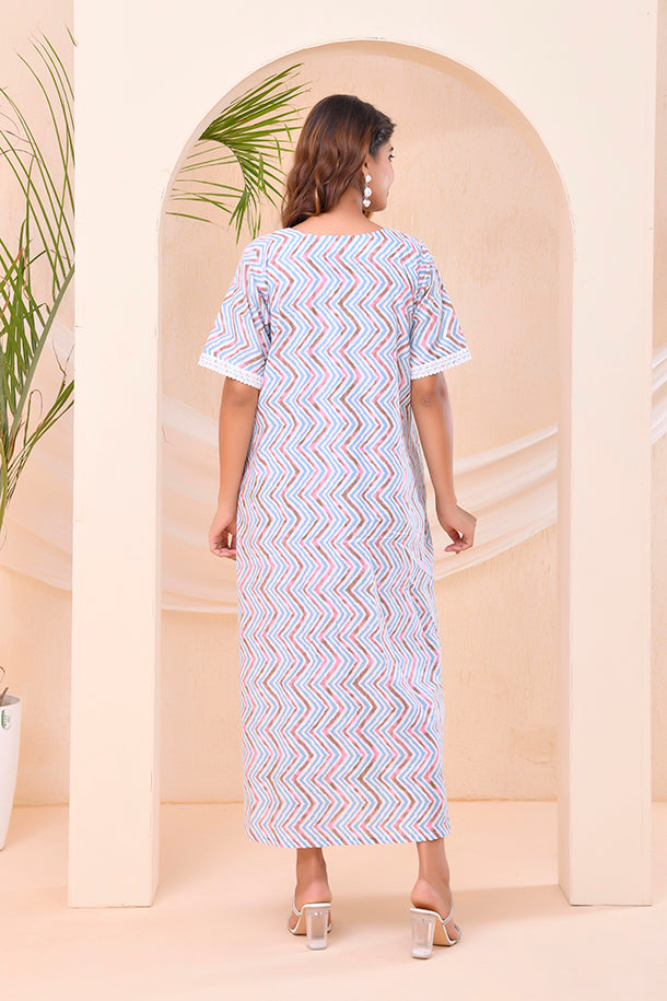 Ivory Blue Chevron Print  Kafty Lounge Dress