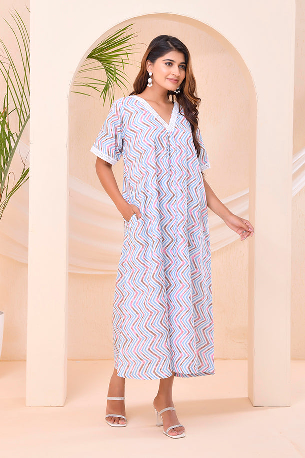 Ivory Blue Chevron Print  Kafty Lounge Dress